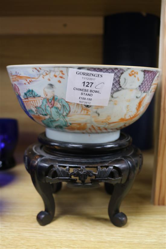An 18th century Chinese famille rose bowl and wood stand, Diameter 18.5cm, H.8.5cm without stand